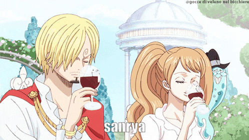 a cartoon of a man and a girl with the word sanriya on the bottom right