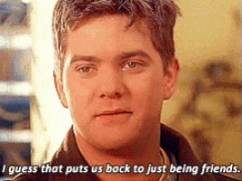 a man is talking about being friends and i guess that puts us back to just being friends