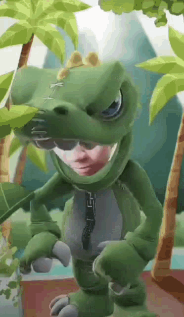 a cartoon character is dressed as a dinosaur and has a watch on his chest