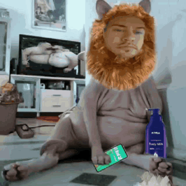 a cat with a lion 's mane is sitting next to a bottle of nivea