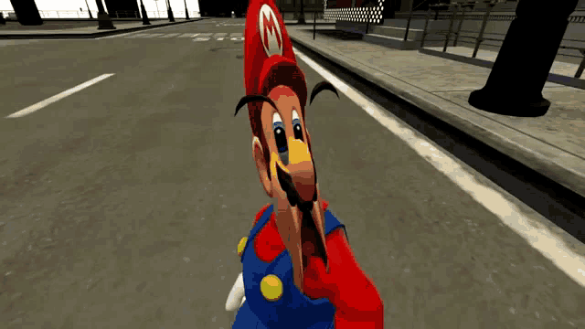 a cartoon character named mario is standing on a sidewalk .