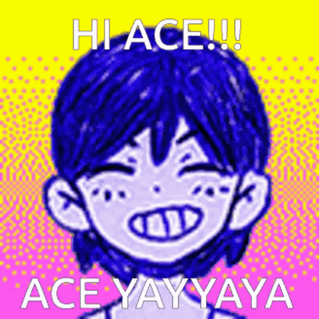 a cartoon of a boy with blue hair and the words hi ace ace yay yaya