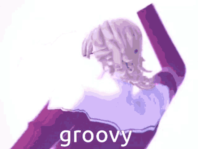 a woman in a purple dress is dancing and the word groovy is written below her