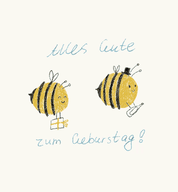 a drawing of two bees with the words alles gute zum geburtstag written below them
