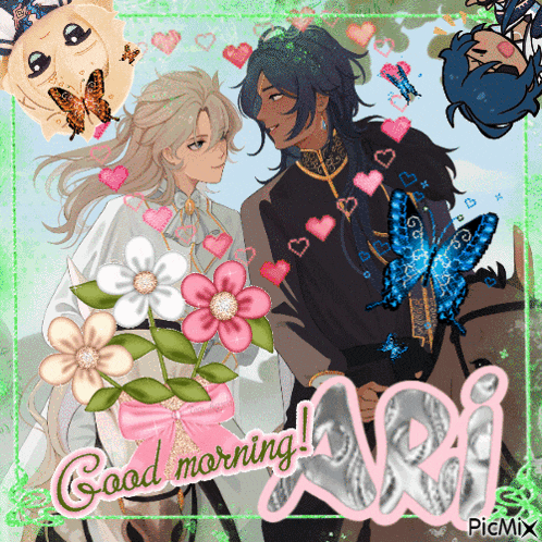 a picture of two anime characters with flowers and butterflies and the words good morning abi