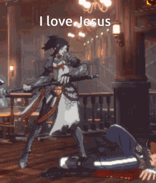 a video game character says i love jesus while holding a sword