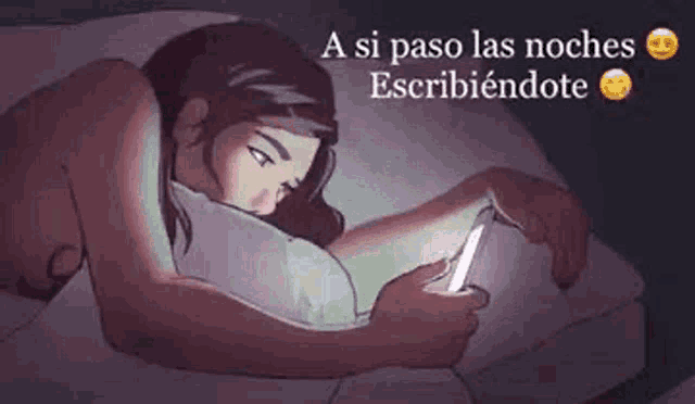 a cartoon of a woman laying in bed looking at her cell phone .