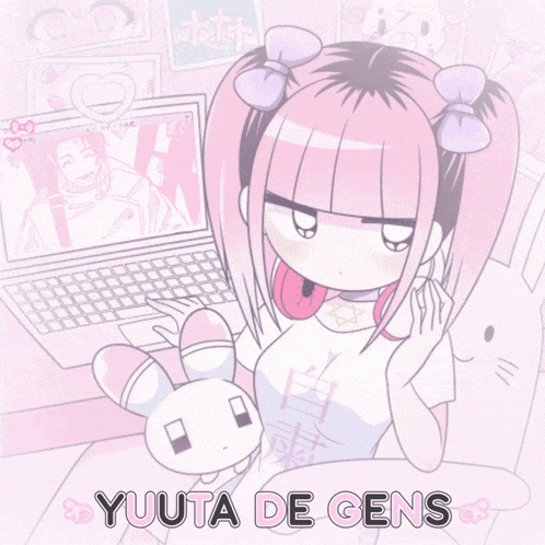 a girl with pink hair is sitting in front of a laptop and the words yuuta de gens