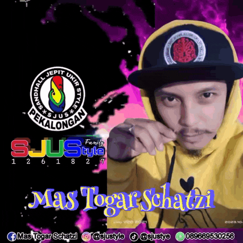 a man wearing a yellow hoodie and a black hat has the name mas togar schatzti on the bottom