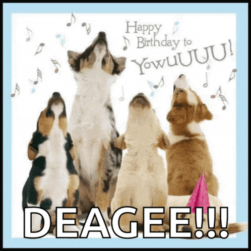 a birthday card with a group of dogs singing happy birthday