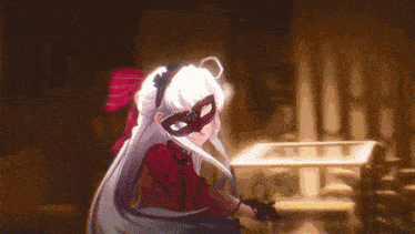 a girl with long white hair is wearing a mask