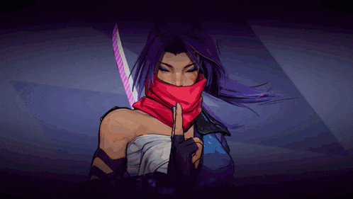 a woman with purple hair and a red scarf around her face