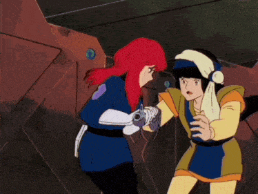 two anime characters are standing next to each other with one holding a towel