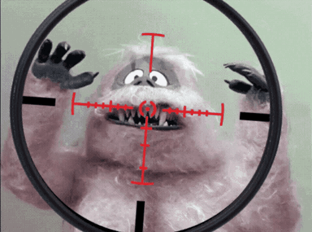 a cartoon character is looking through a sniper scope with a red t in the center