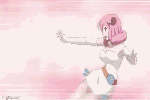 a girl in a white dress is holding a pink object in her hands .