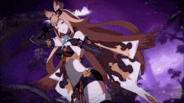 a woman with long brown hair and a fox ear