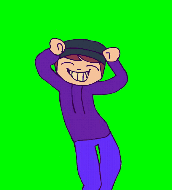 a cartoon character wearing a purple hoodie and blue pants is dancing on a green screen