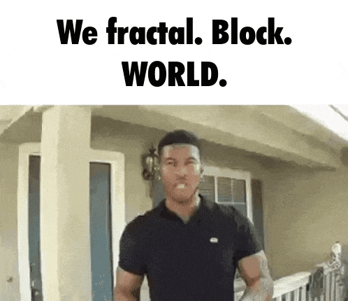 a man in a black shirt is standing in front of a house with the words we fractal block world written above him .