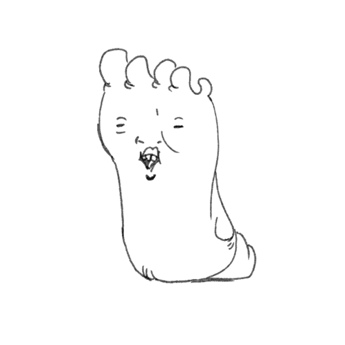 a black and white drawing of a foot with a face and teeth