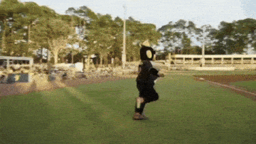 a person in a mascot costume is running on a field