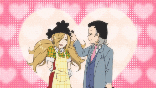a man and a woman are standing next to each other with a heart in the background