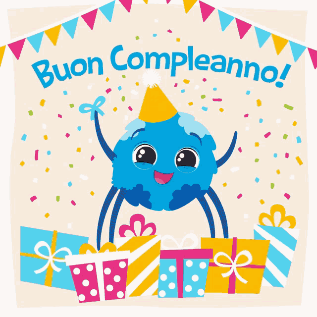 a birthday card with a blue monster and the words buon compleanno on it