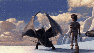 a man standing next to a dragon in a snowy field