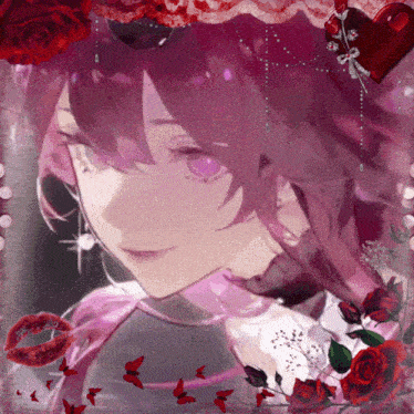 a girl with purple hair is surrounded by butterflies and roses