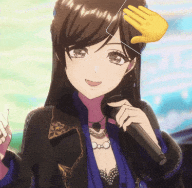 a girl in a black jacket is holding a microphone and smiling
