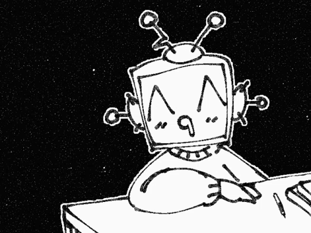 a drawing of a robot sitting at a desk