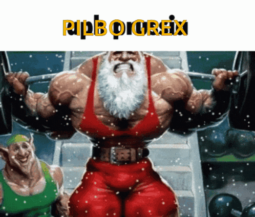 a cartoon of a man in a santa suit lifting a barbell