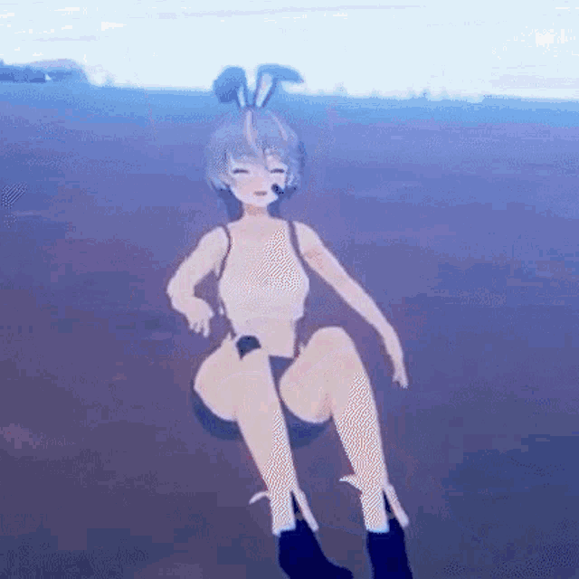 a girl with bunny ears is sitting on the ground with her legs crossed .