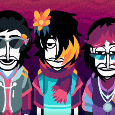 three cartoon characters are standing next to each other and one of them has a flower in her hair