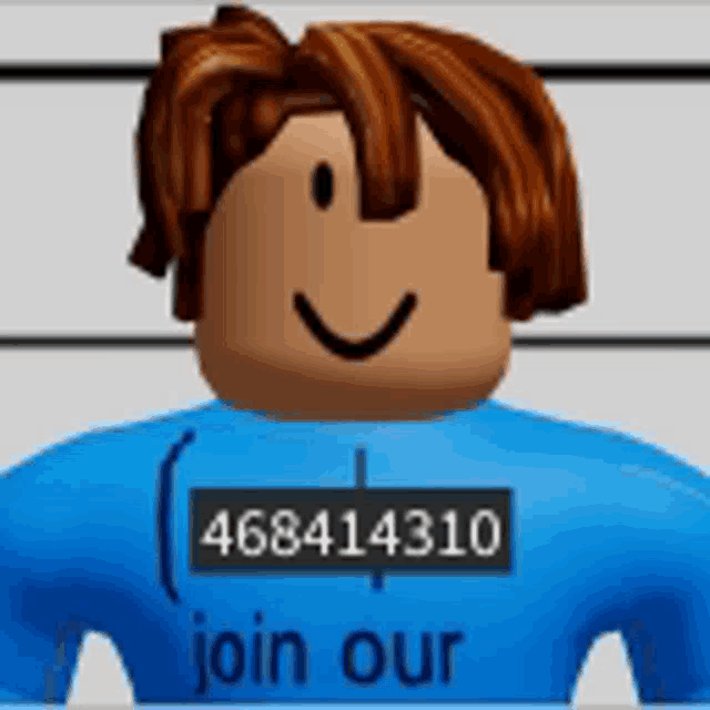 a roblox character is wearing a blue shirt with the number 468414310 on it .