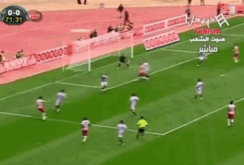 a soccer game is being played on a field with tunisia written on the side
