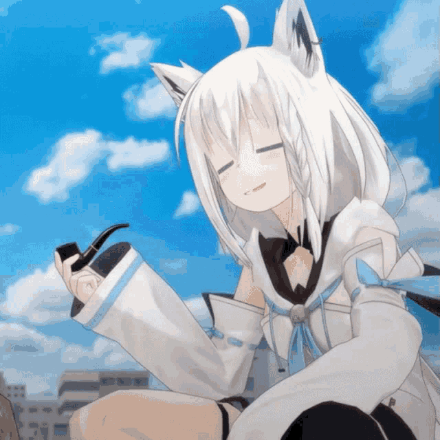 a girl with white hair is holding a pipe and smiling