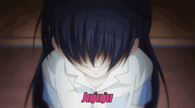 a girl with a smile on her face and the word jujuju on the bottom right