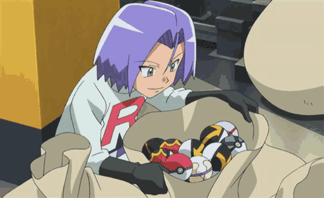 a cartoon character with purple hair is holding a bag of balls