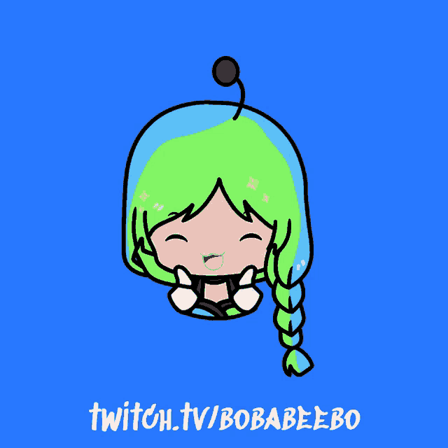 a cartoon of a girl with green hair and the words twitch.tv/bobabeebo below her