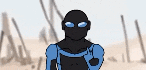 a cartoon of a man in a blue suit with blue eyes standing in the desert .