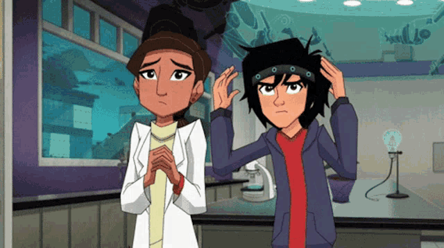 two cartoon characters standing next to each other in a room