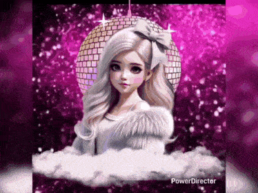 a painting of a girl with a disco ball in the background .