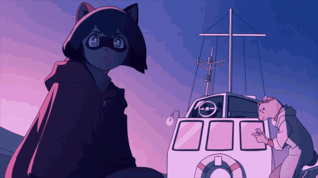 a cartoon of a raccoon standing next to a white boat