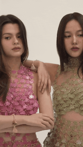 a woman in a pink top and a woman in a green top are posing for a picture