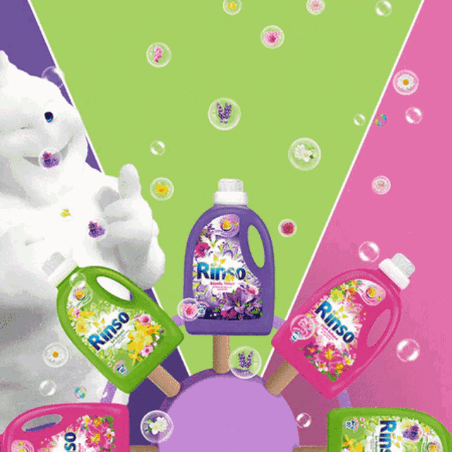 several bottles of rinso laundry detergent are displayed