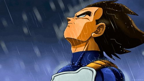 a cartoon character is standing in the rain with a blue background
