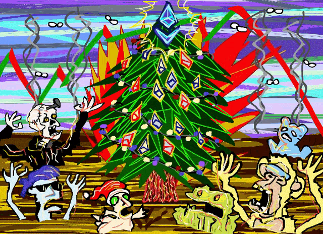 a cartoon drawing of a christmas tree with decorations that say eth