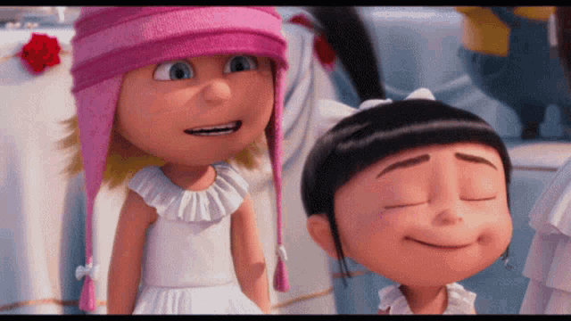 two cartoon characters are smiling with their eyes closed and one is wearing a pink hat