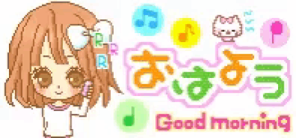 a pixel art of a girl with the words good morning