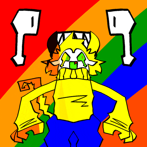 a cartoon drawing of a monster with a rainbow background